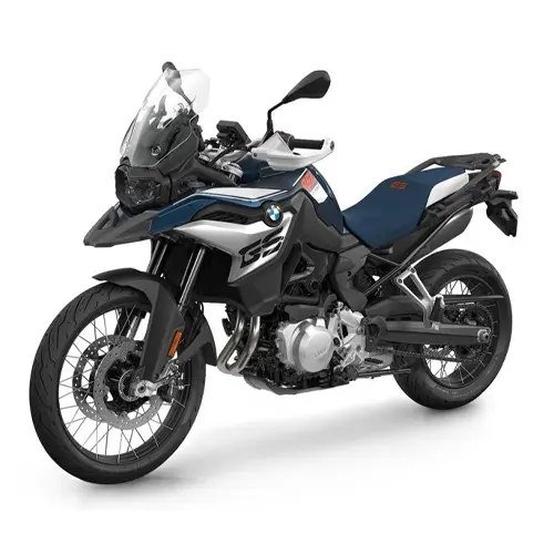 BMW F 750 GS in blue, grey and white with spoked wheels, front three-quarter view