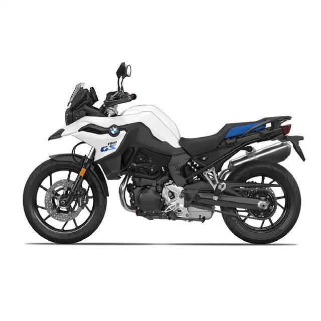 BMW F 800 GS in white, black and blue, full left-side view on a white background