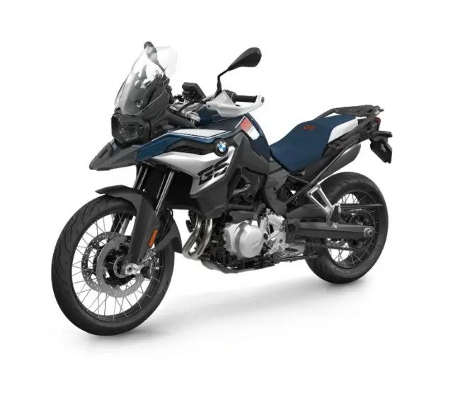 BMW F 850 GS in blue, grey and white with a tall windscreen, front three-quarter view