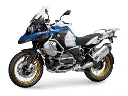 BMW R 1250 GS in blue and white with gold spoked wheels and crash bars, left-side view