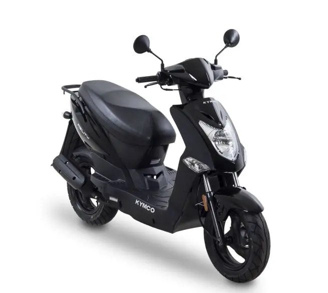 Black KYMCO Agility 50 scooter, front three-quarter view on a white background