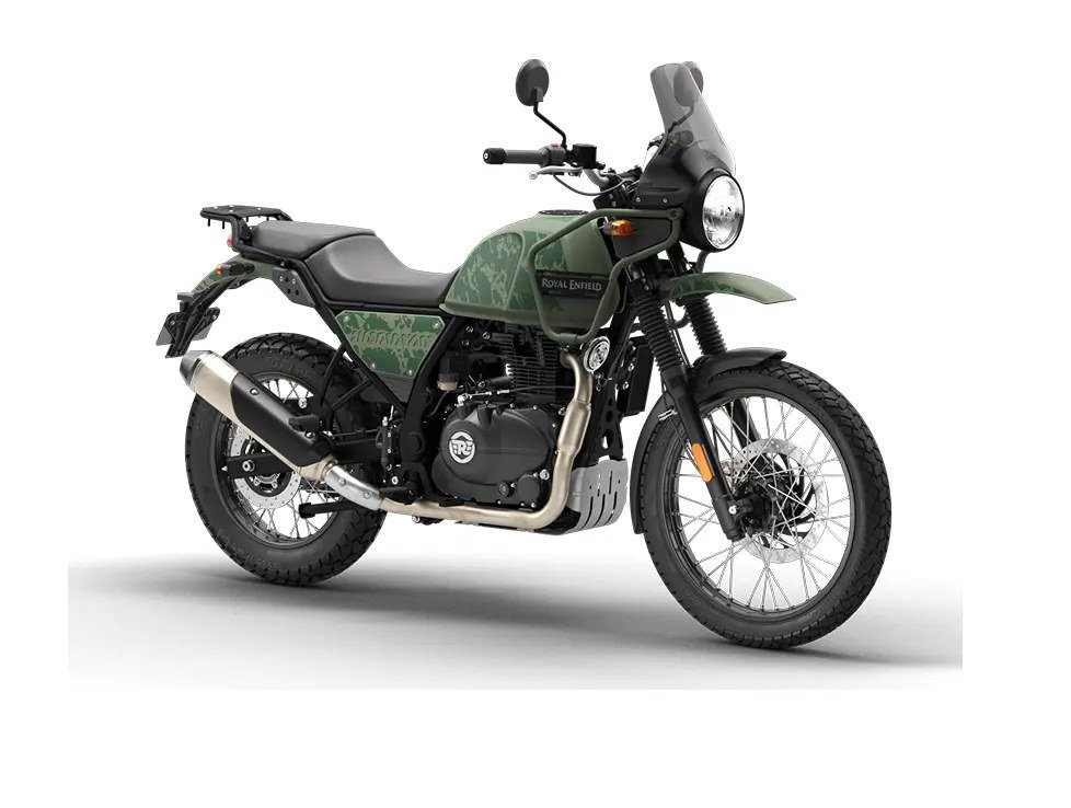 Royal Enfield Himalayan 411 in green with a tall windscreen, front three-quarter view