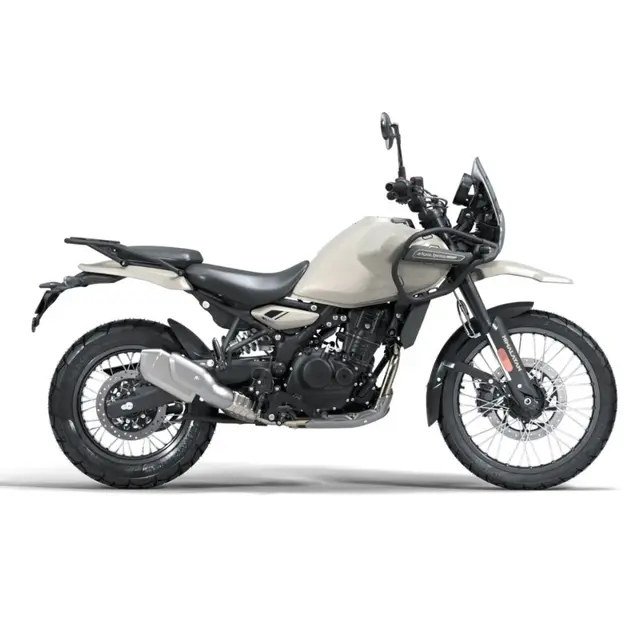Royal Enfield Himalayan 450 in light grey, full right-side view on a white background