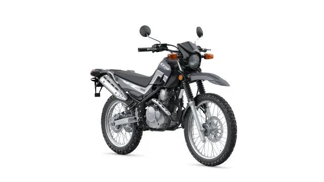 Yamaha XT 250 dual-sport motorcycle in dark grey, front three-quarter view on a white background